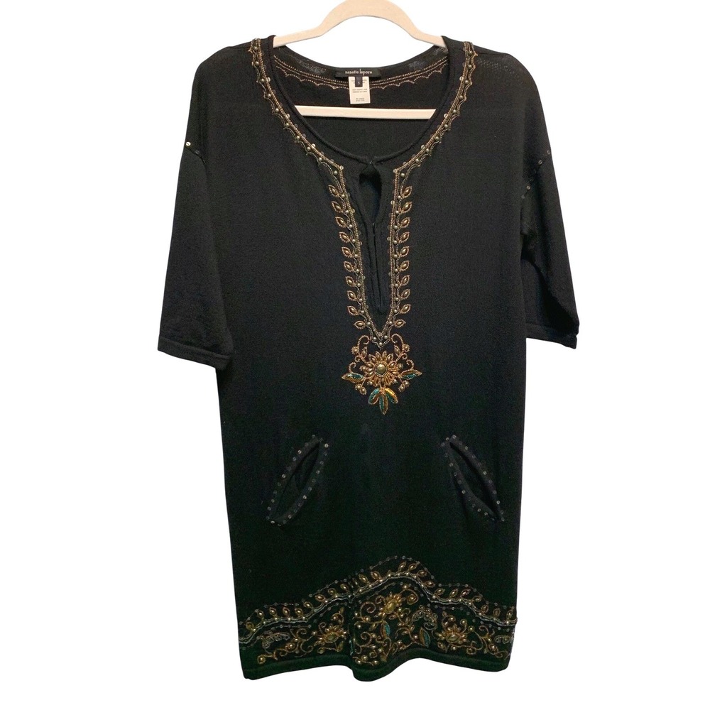 Nanette Lepore Merino Wool Sweater Dress Small Black Beaded Autumn Wedding Guest